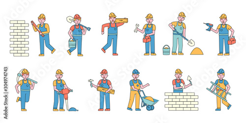 Builders flat charers set. People working at construction site cartoon illustrations pack. Engineers, handymen, contrors in uniform and hardhats using professional equipment
