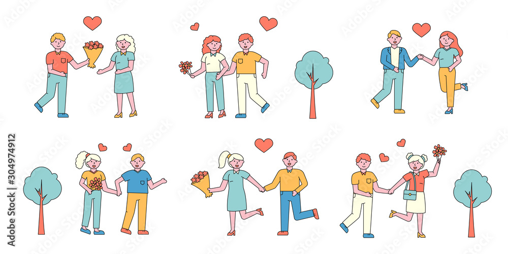 Romantic couples flat charers set. People in love meeting in park cartoon illustrations collection. Feelings expression, dating. First date romance. Happy boyfriend and girlfriend meeting