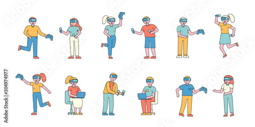 Men and women in VR helmets flat charers set. People wearing virtual reality glasses cartoon illustrations pack. Players in high tech headsets enjoying new gamers technology. Testing AR gadgets