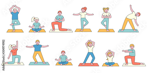 Yoga class students flat charers set. People pricing different asanas cartoon illustrations pack. Body stretching. Yogi meditating in lotus pose. Sportsmen training flexibility and balance