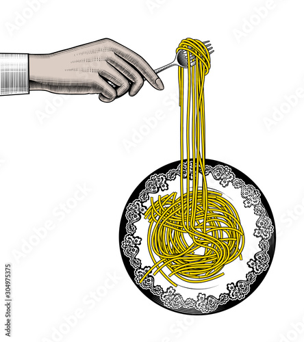 Female hand holding a fork with spaghetti.