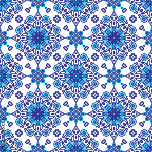 Abstract porcelain blue and white l ethnic background seamless pattern