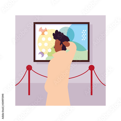man in contemporary art gallery, exhibition visitors viewing modern abstract paintings