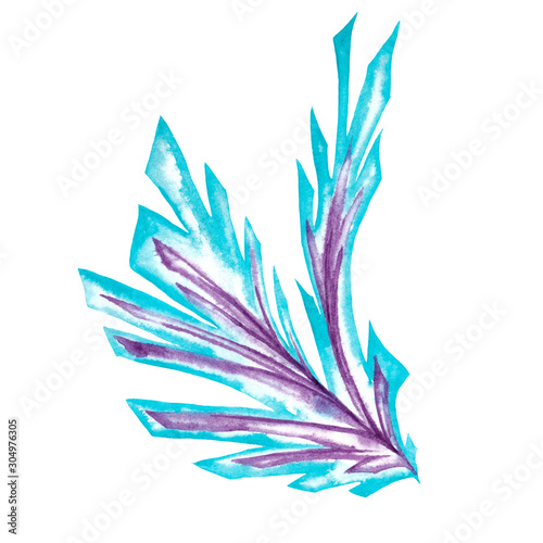 Abstract artistic blue and purple element as stylization of frost patterns on window. Ice branch with blunt endings. Watercolor hand painted drawing isolated on white background.