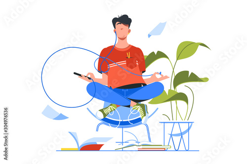 Young handsome man meditating using smartphone for yoga training.