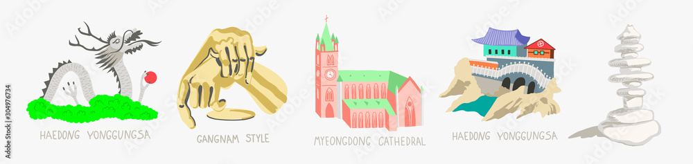 Obraz premium doodle vector illustration - sights of South Korea travel collection
