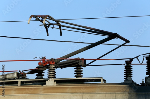 Pantographs and the overhead wires on the train station