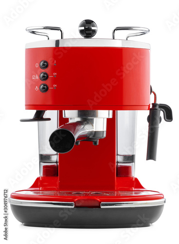 Stylish red coffee machine isolated on white background
