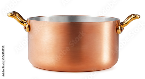 Clean and shiny copper pot isolated on white background photo