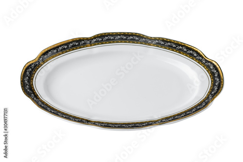 White ceramic table plate with golden border isolated on white background