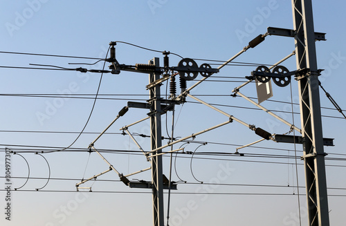 Pantographs and the overhead wires on the train station