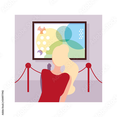 woman in contemporary art gallery, exhibition visitors viewing modern abstract paintings