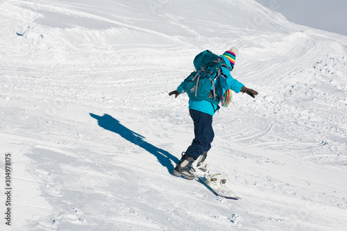  Woman, snowboard winter, back, backpack