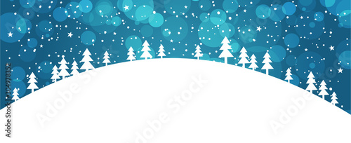 Winter forest against a blue winter sky with snowfall. Banner with a simple applique of Christmas trees and bokeh. Hill with trees, stars in the sky, snowflakes. Postcard New Year and Christmas