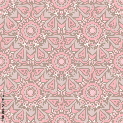 Pink seamless pattern with ethnic geometrc ornament. Boho design.