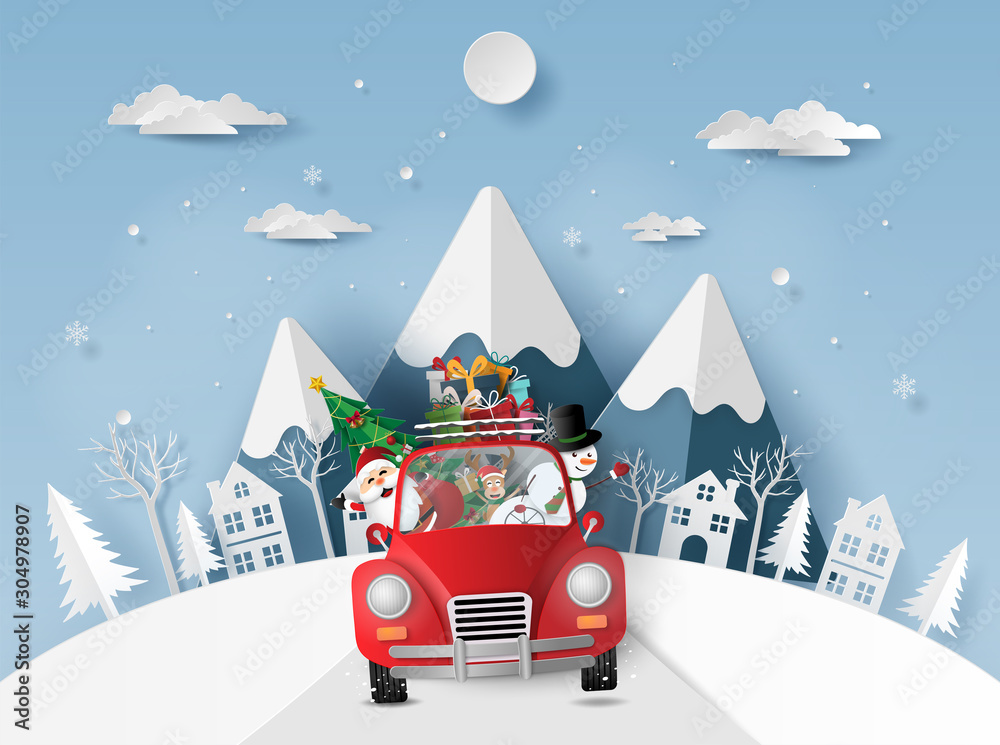 Paper art, Craft style of Santa Claus and friends in red car in the village, Merry Christmas and Happy New Year
