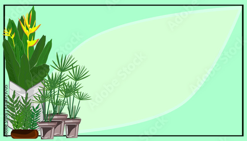 Frame picture leaf green,Heliconia with summer flowers, in pots,are by far one of the easier plants to care and in House plants, Plants for Home Decoration. Graphics, vector illustration 