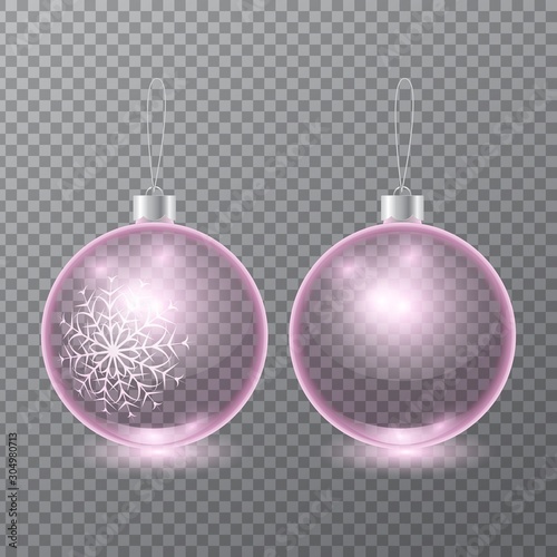 set of vector transparent pink glass christmas tree balls with painted snowflake isolated on checkered background. 3D illustration.