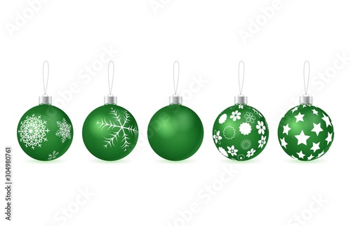 set of vector green glossy christmas tree balls with pattern hanging on silver eyelets on white background. 3D illustration.