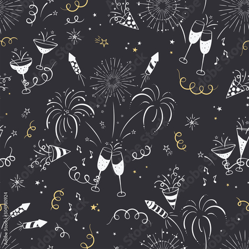 3D Fototapete Gold - Fototapete Fun hand drawn New Years Party seamless pattern - firework, paper streamers, cocktails and rockets doodles, great for banners, wallpapers, textiles, wrapping - vector design