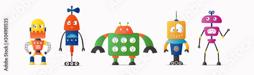 Set of cute vector robot or monster characters for kids. Vintage futuristic cyborgs