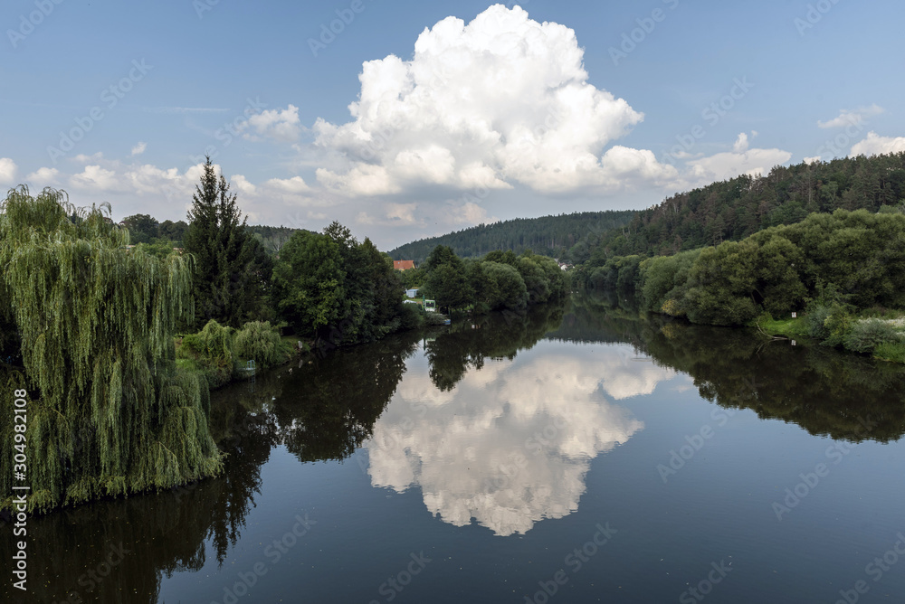 A large white cloud reflecting on the surface of a river with beautiful trees on the banks
