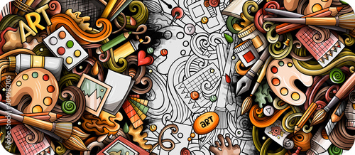 Artist hand drawn doodle banner. Cartoon detailed illustrations.