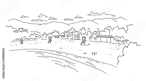 Beach sketch. Shore, sand, sea landscape panorama view. Hand drawn vector stock black line outline illustration.