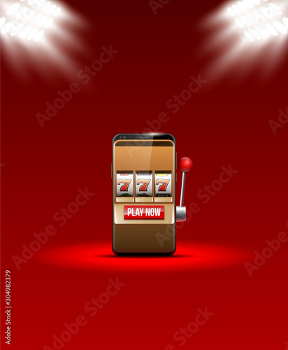 Illustration banner of mobile online casino application with 777 big win slot machine. Realistic advertising poster with online mobile app casino and Jackpot 777. Play now in One Armed Bandit banner