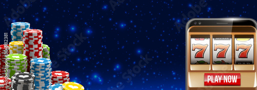 Illustration banner of mobile online casino application with 777 big win slot machine. Realistic advertising poster with online mobile app casino and Jackpot 777. Play now in One Armed Bandit banner