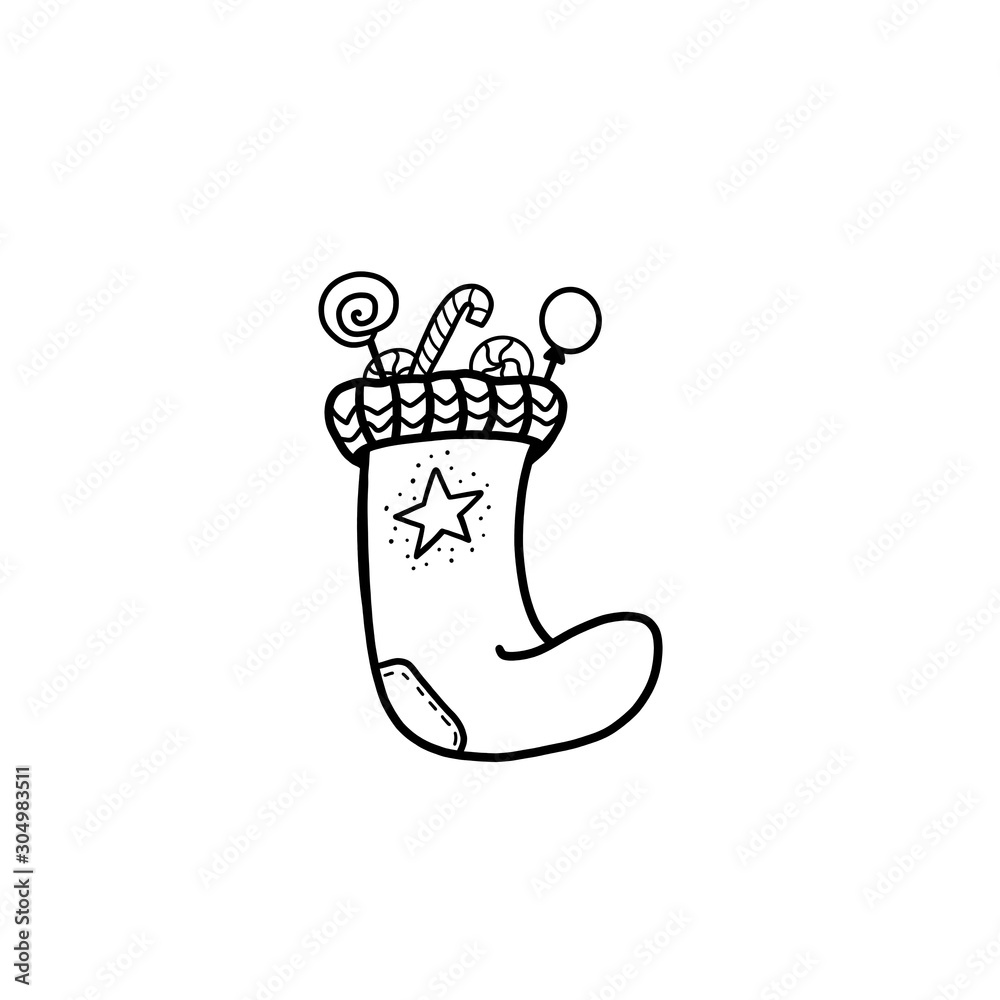 Christmas knitted sock with various sweets. Black and white illustration of a sock with gifts for coloring. Isolated object on a white background for a festive design. Christmas knitted sock with various sweets. Black and white illustration of a sock with gifts for coloring. Isolated object on a white background for a festive design.