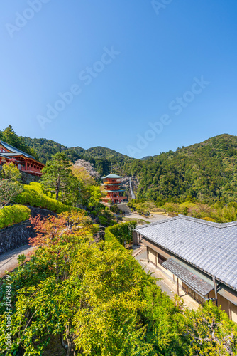 Beautiful famous landmark waterfall Nachi Falls in green forest blue sky Nachikatsuura Wakayama Prefecture Japan Nachi Fall is one of the best waterfalls in Japan idea for rest relax enjoy lifestyle