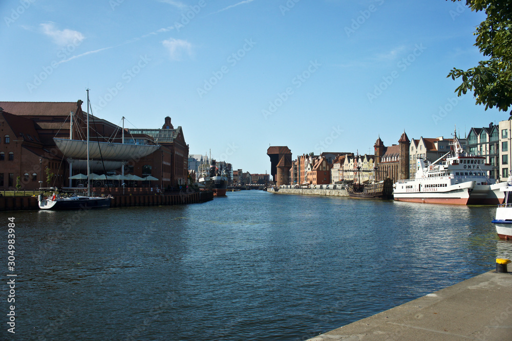 10 August, 2019. Poland, Gdansk. Motlawa river. Architecture of the old town in Gdansk, Poland.