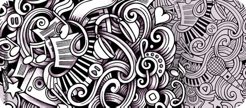 Music hand drawn doodle banner. Cartoon detailed illustrations.