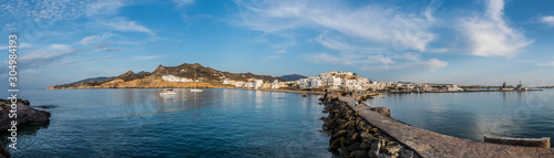 Panorama of capital and port of Naxos, chora, from Portara area, Cyclades, Greece