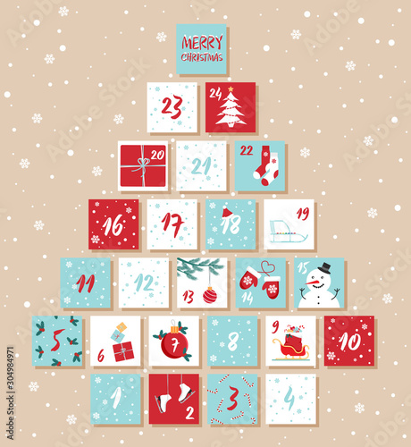 Vector Christmas advent calendar. Winter holidays poster with dates. Cute decoration xmas day celebration.