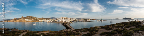 Panorama of capital and port of Naxos, chora, from Portara area, Cyclades, Greece