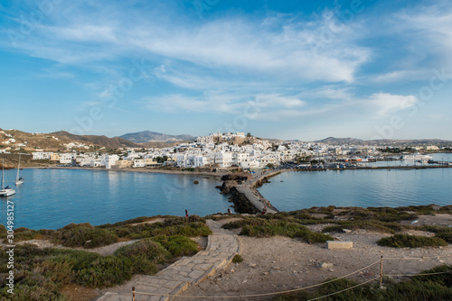 Panorama of capital and port of Naxos, chora, from Portara area, Cyclades, Greece