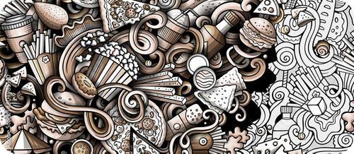 Fastfood hand drawn doodle banner. Cartoon detailed illustrations