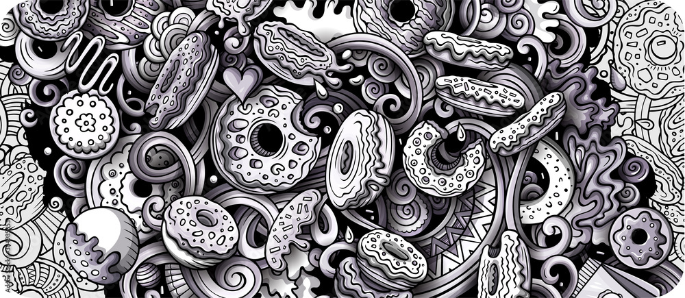 Donuts hand drawn doodle banner. Cartoon detailed illustrations. Donuts hand drawn doodle banner. Cartoon detailed illustrations.