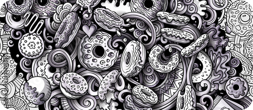 Donuts hand drawn doodle banner. Cartoon detailed illustrations.