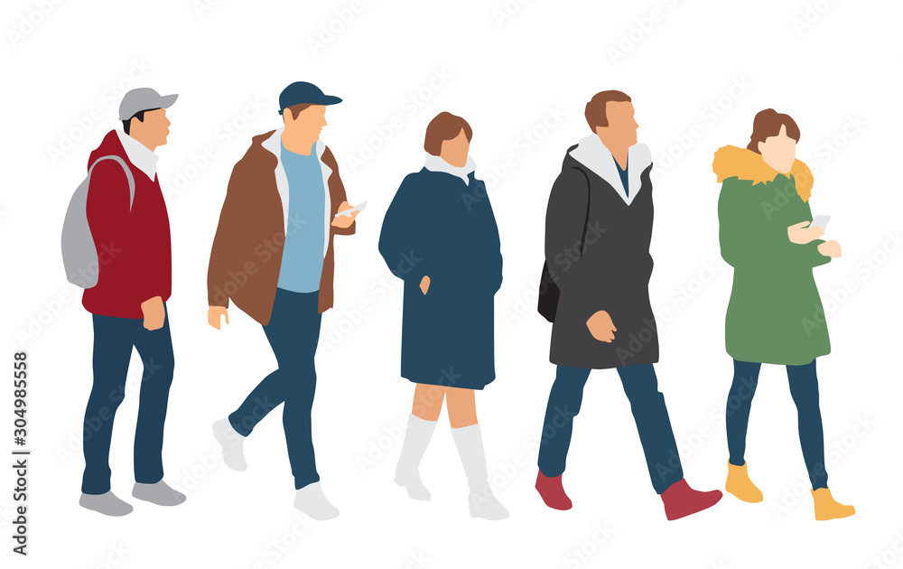 Silhouettes of men and women standing and walking, cartoon character,  outerwear, group business people, vector illustration, flat designe icon,  isolated on white background Stock Vector | Adobe Stock