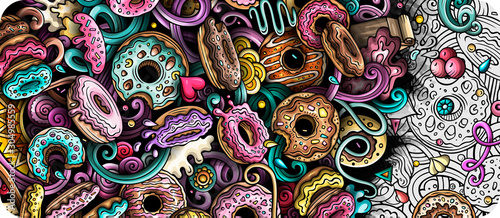 Donuts hand drawn doodle banner. Cartoon detailed illustrations.