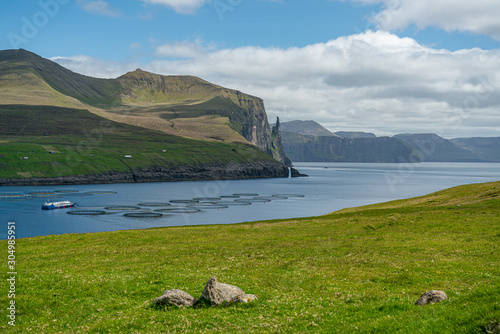 Fish farm aquaculture near Trollkonufingur, Witch's Finger, Fjord on Vagar island, Faroe Islands photo