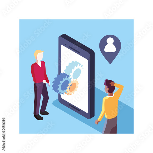 men with smartphone screen and mobile applications