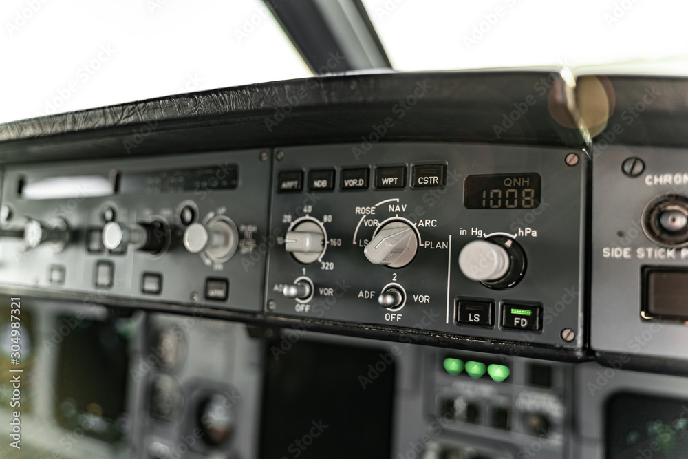 Close up of modern airplane control panel
