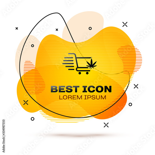 Black Shopping cart with marijuana or cannabis leaf icon isolated on white background. Online buying. Delivery service. Supermarket basket. Abstract banner with liquid shapes. Vector Illustration