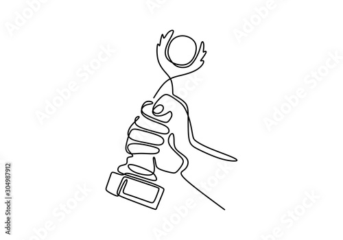Hand holding a trophy continuous one line drawing symbol of achievement, winner, and success from the competition. Victory and award theme sign and symbols.