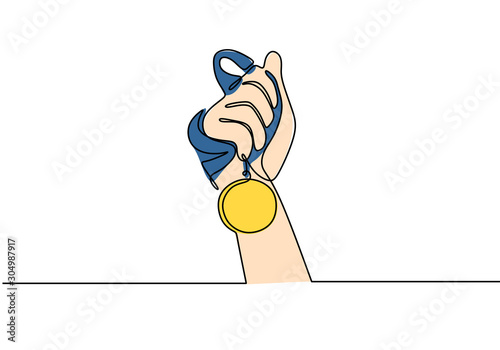 one line hand holding medal...
