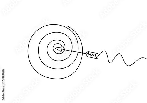 Continuous line drawing of arrow in center of target. One hand drawn goal object of archery business challenge metaphor. Vector illustration hunting and winner theme.